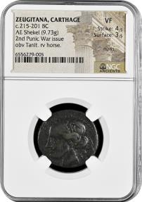 Ancient Coins - CARTHAGE, Second Punic War. AE Shekel NGC VF 4/5 3/5 - Greek world and ancient Near East The Carthaginians in the Mediterranean, Carthage, 215-201 BC; 9.42g 26mm; Head of Tanit l.