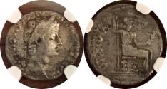 Ancient Coins - Tiberius “Tribute Penny” (Mark 12:15) AR Denarius 19mm 3.53g NGC F Lugdunum AD 14-17. TI CAESAR DIVI-AVG F AVGVSTVS, laureate head of Tiberius right / PONTIF-MAXIM, Livia