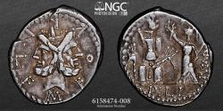 Ancient Coins - (REPUBLIC) - M. FURIUS L.F. PHILUS. Denarius 120 BC- NGC Ch VF 5/5 3/5 - Obv: M FOVRI L F.  Laureate head of Janus. Rev: ROMA / PHILI.  Roma standing left, holding sceptre.