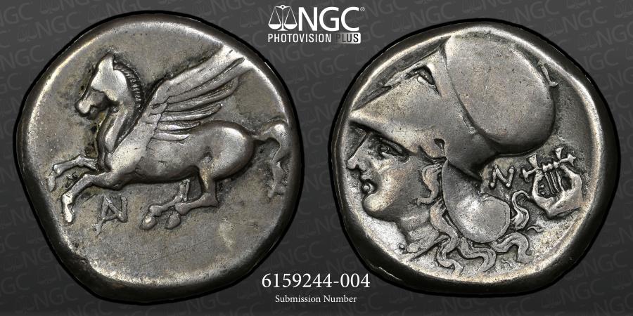 Ancient Coins - AKARNANIA, Anaktorion. “PEGASUS” 350-300 BC. AR Stater 20.5mm, 8.37g NGC Ch F 5/5 4/5 - Pegasos flying left, AN monogram below / Helmeted head of Athena left