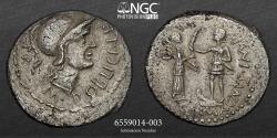 Ancient Coins - Gnaeus Pompey Jr. as Imperator (Son of Pompey Magnus "The Great" - NGC AU 4/5 2/5 48-45 BC AR Denarius 21mm, 3.81g Spain, Corduba. 46-45 BC. M POBLICI LEG PRO - PR, head of Roma