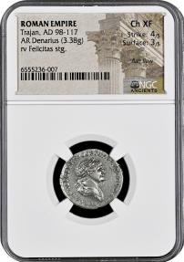 TRAJAN (98-117). NGC CH XF 4/5 3/5 - STUNNING LUSTER - Denarius. Rome ...