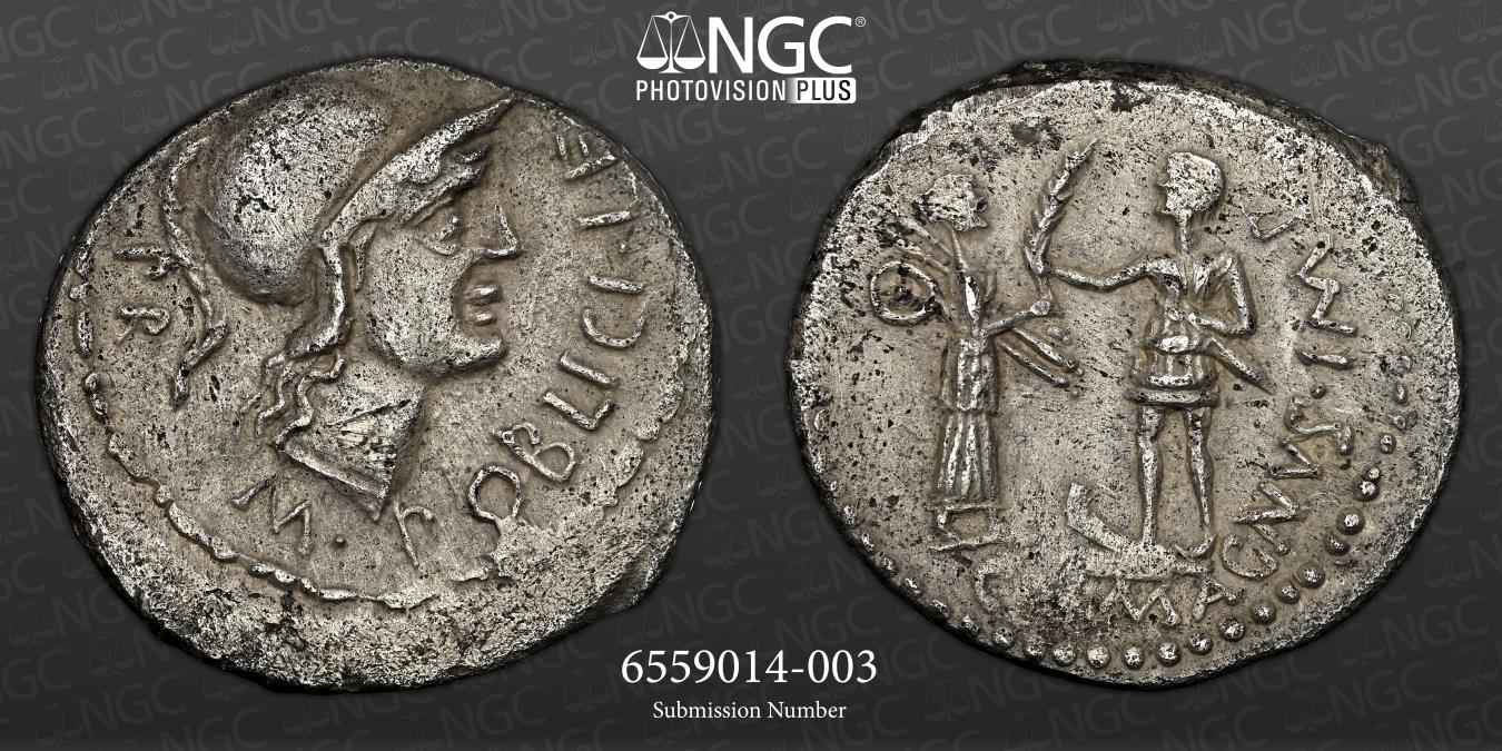 Gnaeus Pompey Jr. as Imperator (Son of Pompey Magnus The Great - NGC AU 4/5  2/5 48-45 BC AR Denarius 21mm, 3.81g Spain, Corduba. 46-45 BC. M POBLICI  LEG PRO - PR, head of Roma