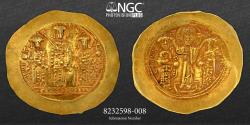 Ancient Coins - BYZANTINE GOLD - Romanus IV Diogenes, CHRIST – NGC AU 4/5 - 1068-1071 AD. Constantinople. AV Histamenon Nomisma (scyphate), 4.40g 28mm, 6h. KωN - MX – ANΔ The figures of Michael VI