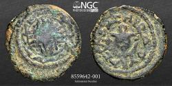 Ancient Coins - Herod I (the Great) NGC Ch VF 40–4 BC RY 3=38/7 BC Prutah Bronze. Obv: Anchor. Rev: Double cornucopiae with caduceus between - 13mm 1.69g A&F Type 15, Group 1; Meshorer 59c