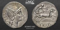 Ancient Coins - ROMAN REPUBLIC Lucius Rutilius Flaccus NGC XF PERFECT 5/5 AR Denarius 77 BC.Rome.   Obv.: FLAC. Head of Roma with winged griffin-head helmet to the right. Rev.: L RVTILI. Victoria