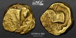Ancient Coins - Celtic, GAUL, Morini, EXTREMELY RARE hybrid GOLD Quarter-Stater NGC 1/5 4/5, Gaule Belgique, obverse: Delestree DT 249 and reverse DT248 au pseudo-casque.