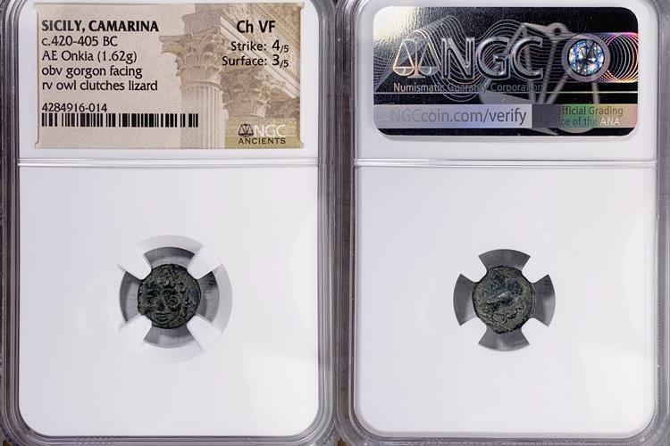 Sicily Camarina Ae Onkia C 4 405 D Facing Gorgoneion R Kama Owl Standing Right Head Facing Grasping Lizard Ngc Ch Vf 4 5 3 5