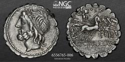 Ancient Coins - REPUBLIC - CORNELIA. L. Cornelius Scipio Asiagenus – NGC XF 5/5 3/5 SERRATUS - Obv: Laureate head of Jupiter to left. Rev: Jupiter in quadriga to right with scepter and thunderbolt