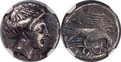 Ancient Coins - GREEK - Euboea, ISL. of - Chalkis 338-308 BC. Drachm AR 15 mm., 3,27 g. Head of the nymph Chalkis right.  NGC Ch VF 5/5 2/5