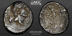 Ancient Coins - Cnaeus Pompeius Magnus (Pompey the Great) NGC XF 3/5 3/5 - 48 BC. AR Denarius (18mm, 3.43 gm, 7h). Posthumous issue of uncertain mint in Sicily (Catania?), ca. 42-40 BC.
