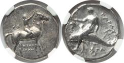 Ancient Coins - CALABRIA. TARAS “DOLPHIN” NGC Ch XF 5/5 - 2/5 - 332-302 BC. AR Stater or Didrachm 21mm 7.82g Sa-, magistrate. Nude warrior crowning horse with right hand Taras astride dolphin left