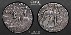 Ancient Coins - (Republic) M. Aemilius Scaurus & P. Plautius Hypsaeus NGC Ch VF 4/5 4/5 - AR denarius 3,87g 16mm 58 BC. Rome mint.  M·SCAVR / AED·CVR. King Aretas of Nabataea kneeling beside CAMEL