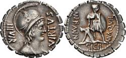 Ancient Coins - Mn. Aquillius Mn.f. Mn.n. 65 BC. AR Serrate NGC vf 5/5 - Denarius 20mm, 3.80g. Rome mint. Helmeted and draped bust of Virtus right / Mn. Aquillius standing right, holding shield