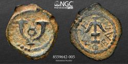 Ancient Coins - Herod I (the Great) NGC Ch VF 5/5 - 40–4 BC RY 3=38/7 BC Prutah Bronze. Obv: Anchor. Rev: Double cornucopiae with caduceus between - 13mm 1.69g A&F Type 15, Group 1; Meshorer 59c;