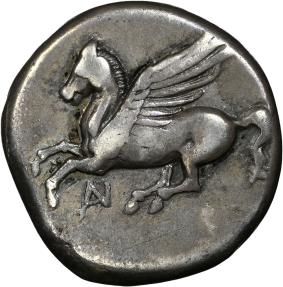 Ancient Coins - AKARNANIA, Anaktorion. “PEGASUS” 350-300 BC. AR Stater 20.5mm, 8.37g NGC Ch F 5/5 4/5 - Pegasos flying left, AN monogram below / Helmeted head of Athena left