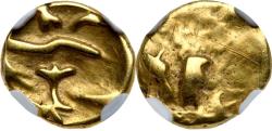 Ancient Coins - Gaul, Morini (?). Circa 1st Century BC. Gold Quarter Stater (1.42 g). Boat with occupants (?). Reverse: Tree-like object. NGC graded VF; Strike: 3/5, Surface: 3/5. scratches.