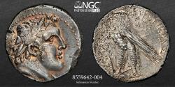 Ancient Coins - Shekel of Tyre. 65 BC, AR Shekel, NGC Ch VF 4/5 2/5 14.15g 30mm Bust of Melqarth r. with slight whisker, laureate, wearing lion-skin knotted round neck; border of dots