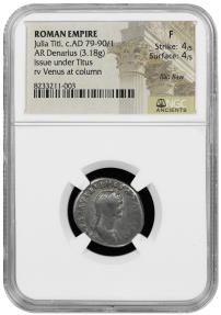 Ancient Coins - Julia Titi. Augusta, AD 79-90/1. AR Denarius RARE ISSUE (19mm, 3.17 g, 6h). Rome mint. Struck under Titus, AD 80-81. d91 AD PROVENANCE to September 1999