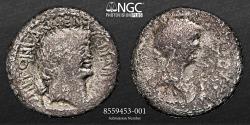 Ancient Coins - Cleopatra VII of Egypt and Marc Antony, as Rulers of the East NGC VG 4/5 2/5 (37-30 BC). AR Denarius 17.5mm, 2.87gm  Alexandria, 34-32 BC. CLEOPATRAE-REGINAE•REGVM•FILIORVM•REGVM,