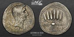 Ancient Coins - AUGUSTUS, AR Cistophorus HUGE Flan Ephesus NGC Ch VF 5/5 2/5 - 27 BC-14 AD. 11.37g 27 mm - Obv: IMP CAESAR. Bare head right. Rev: AVGV - STVS. Six grain ears bundled together.