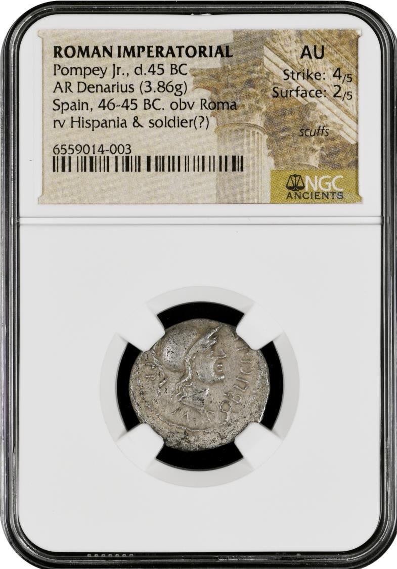 Gnaeus Pompey Jr. as Imperator (Son of Pompey Magnus The Great - NGC AU 4/5  2/5 48-45 BC AR Denarius 21mm, 3.81g Spain, Corduba. 46-45 BC. M POBLICI  LEG PRO - PR, head of Roma