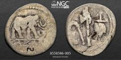 Ancient Coins - JULIUS CAESAR - NGC VG 5/5 2/5 ELEPHANT AR Denarius - Uncertain Mint (47–46 BC). Obv: Head of Venus facing right. Rev: Aeneas carrying Anchises to the left, holding the Palladium