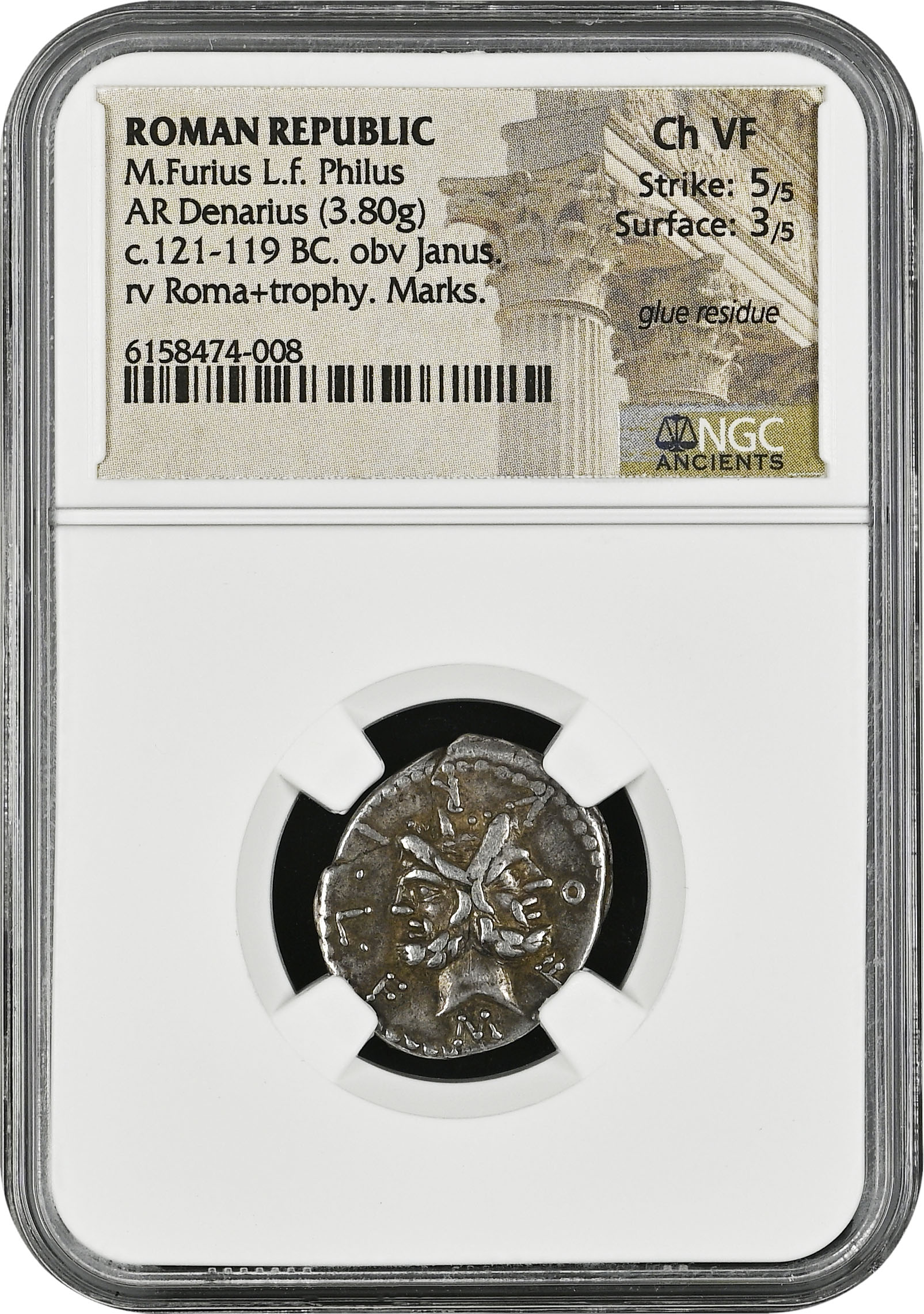 ROMAN REPUBLIC - M. FURIUS L.F. PHILUS. Denarius 120 BC- NGC Ch VF