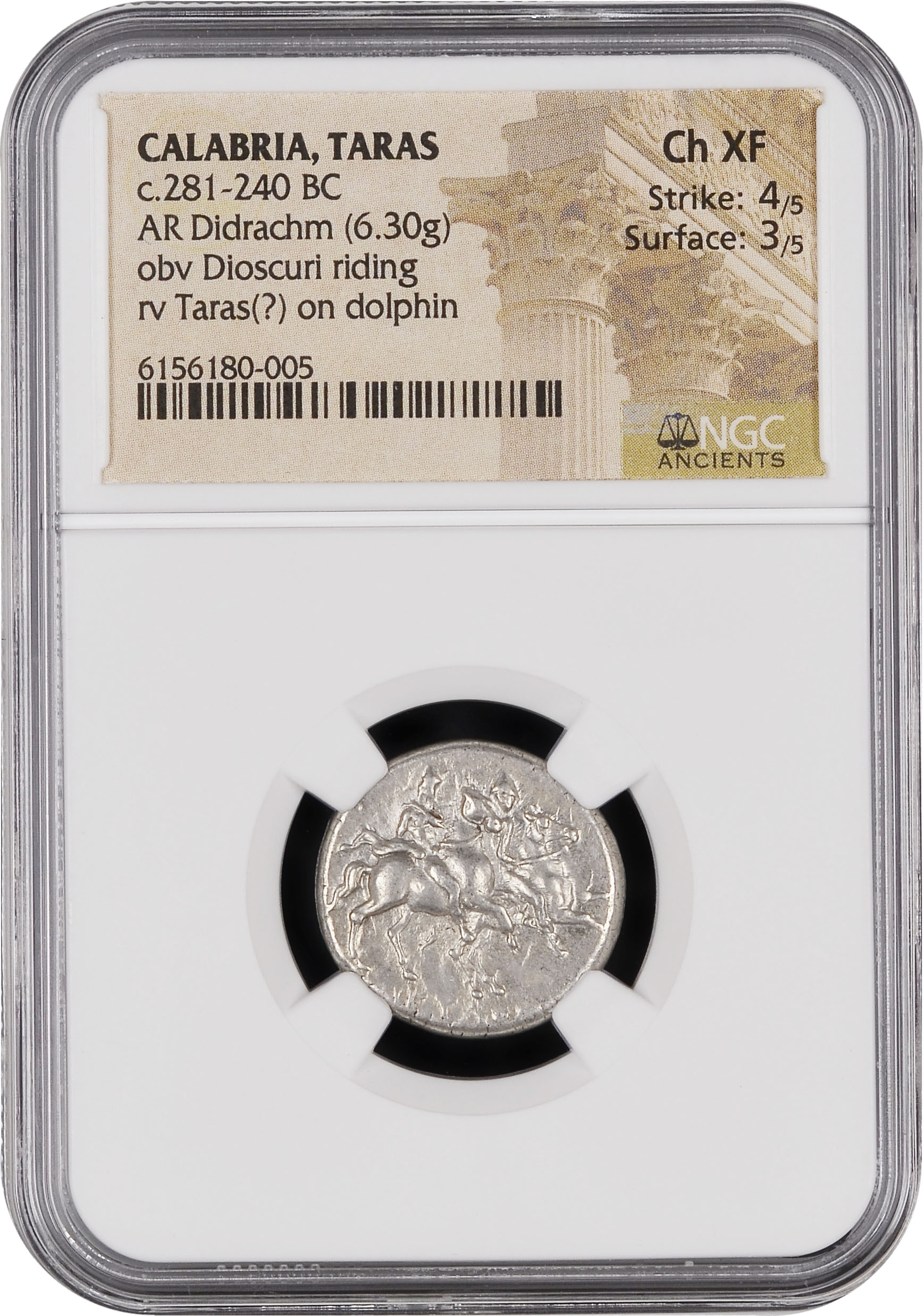 Calabria, Tarentum – NGC Ch XF 4/5 3/5 – SCARCE DIOSCURI