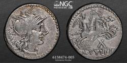 Ancient Coins - (Republic) M. Tullius - AR Denarius (Pedigree coin) NGC VF 4/5 4/5 - 3,86g 20mm 120 B.C.  Helmeted head of Roma right, ROMA behind.  Victory in quadriga right.