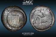 Ancient Coins - Pisidia. Selge - AE HUGE Triskeles - NGC F 5/5 3/5 - SNG von Aulock 5298  2nd-1st Century BC - Obverse: Round shield with monogram at center  Reverse: HUGE Triskeles - Size: 18.98