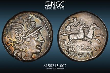 ROMAN REPUBLIC - L. Saufeius AR Denarius 152BC VICTORY in BIGA, NGC Ch ...