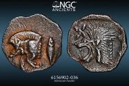 Ancient Coins - MYSIA. Kyzikos. - 450-400 B.C. AR Obol. 0.41g 7.5mm. Forepart of boar running to the left, behind him, tunny fish swimming upwards / Head of roaring lion left. NGC AU 5/53/5