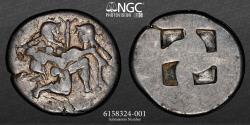 Ancient Coins - THRACE, ISL. Thasos. SATYR & NYMPH – NGC Ch F 5/5 4/5 - 500-480 BC. AR DRACHM – Drachm 17mm 3.13g. Satyr advancing right