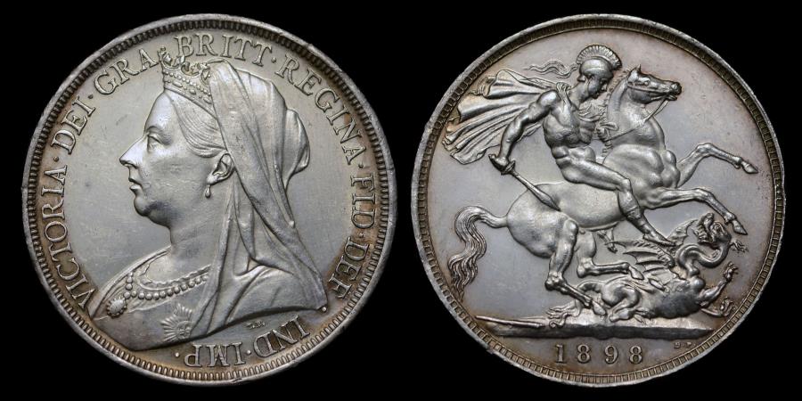 World Coins - VICTORIA 1898 SILVER CROWN, LXI EDGE, (RAREST EDGE FOR YEAR).
