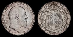 World Coins - EDWARD VII, 1905 SILVER HALFCROWN, AU58, *THE RAREST DATE*