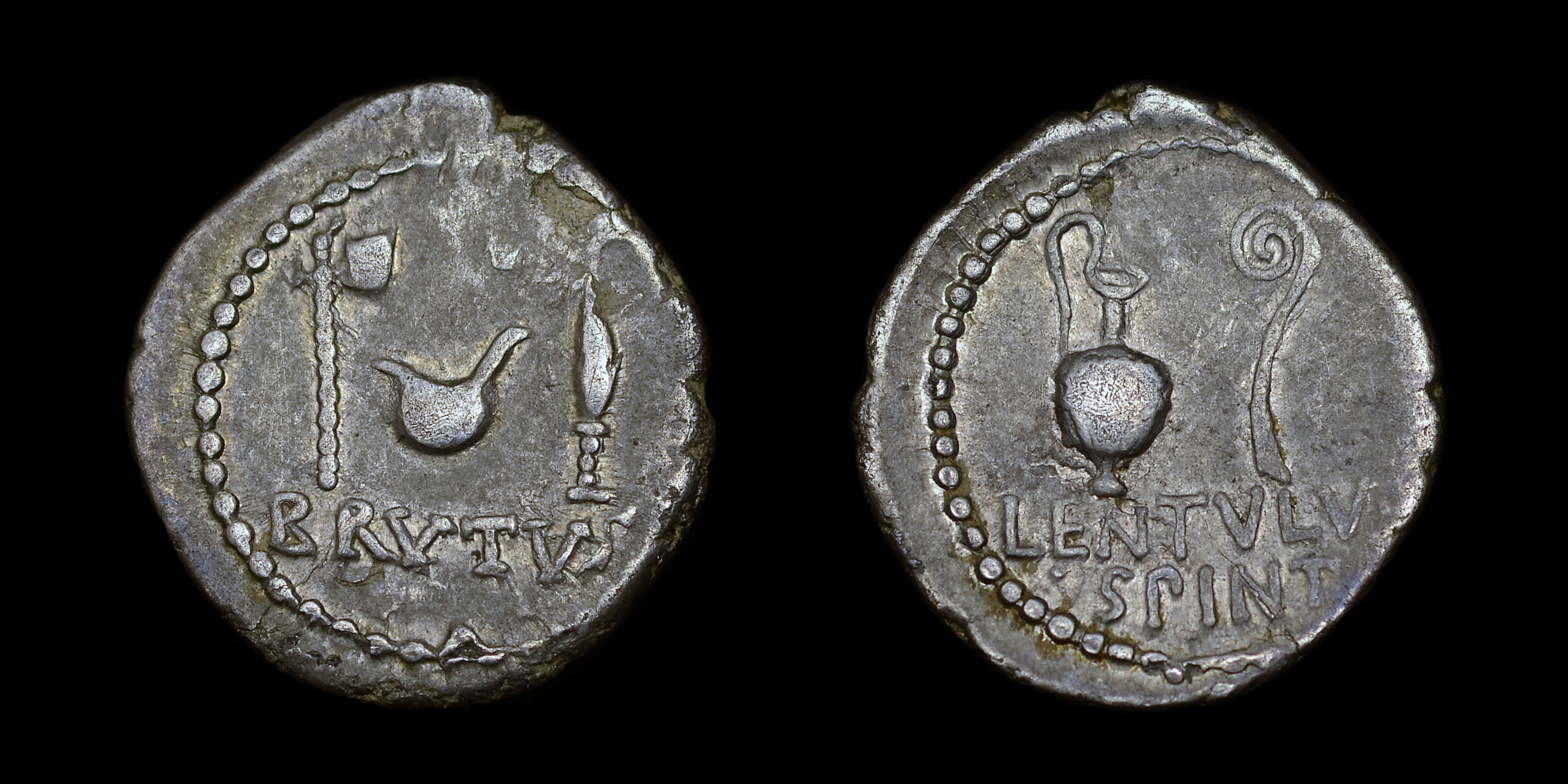 Q. SERVILIUS CAEPIO BRUTUS, & P. CORNELIUS LENTULUS SPINTHER, DENARIUS