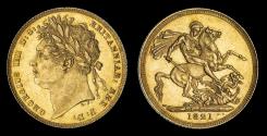 World Coins - GREAT BRITAIN GEORGE IV, 1821 GOLD SOVEREIGN, FIRST DATE FOR THE REIGN, MS 63