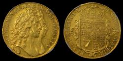 World Coins - WILLIAM & MARY, 1691 GOLD FIVE GUINEAS, CONJOINED BUSTS, AU 53
