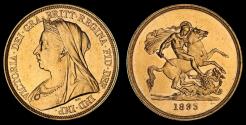 World Coins - VICTORIA 1893 GOLD FIVE POUNDS