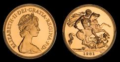 World Coins - ELIZABETH II, 1981 GOLD PROOF SOVEREIGN PR 70DCAM (DEEP CAMEO)