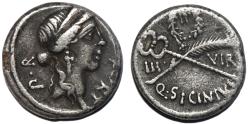 Ancient Coins - Q. Sicinius AR Denarius. Rome, 49 BC.