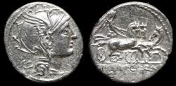 Ancient Coins - T. Manlius Mancinus, Appius Claudius Pulcher & Q. Urbinius. Denarius, 3.92g . Rome, 111/110 BC.