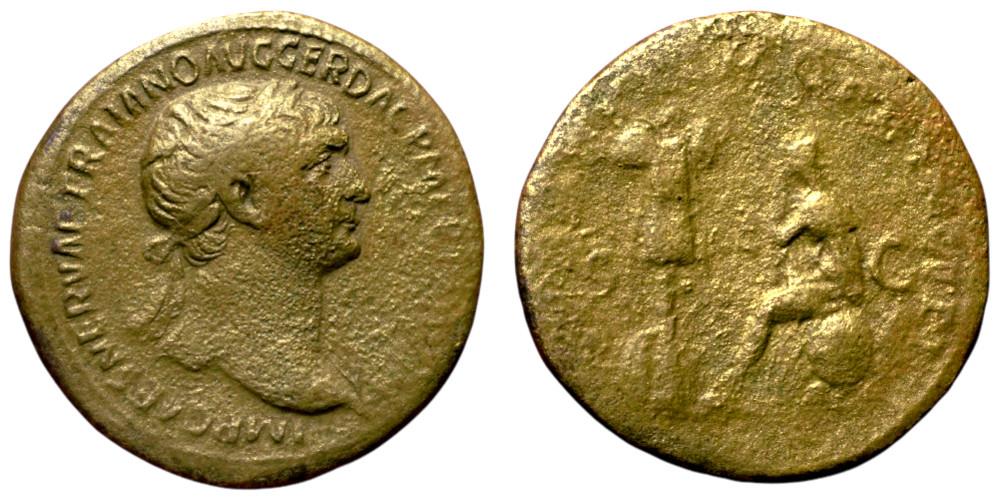 Trajan. AE Sestertius. 103-111 AD. Rome. Dacia seated RIC 560