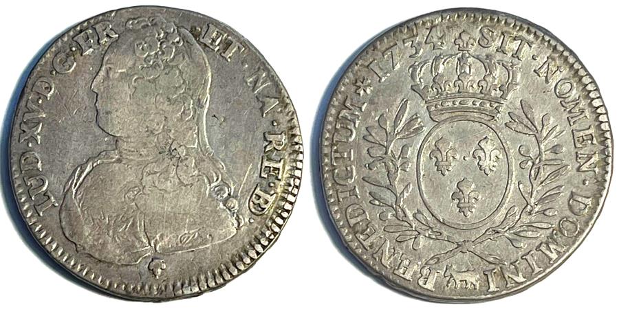 World Coins - Coin, France, Louis XV, Silver Ecu de Bearn aux branches d'olivier,  1734 AD