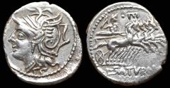 Ancient Coins - L. Appuleius Saturninus (ca. 104 BC). AR denarius (19mm, 3.87 gm). Rome