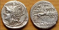 Ancient Coins - L. Appuleius Saturninus (ca. 104 BC). AR denarius (19mm, 3.87 gm). Rome