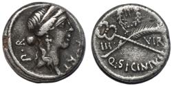 Ancient Coins - Q. Sicinius AR Denarius. Rome, 49 BC.