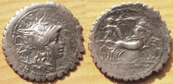 Ancient Coins - L. Pomponius Cn. f. (ca. 118 BC) with L. Licinius and Cn. Domitius as duoviri. AR Denarius serratus