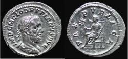Ancient Coins - Pupienus AR Denarius. Rome, AD 238. (3.15g, 20mm) PAX PVBLICA RARE